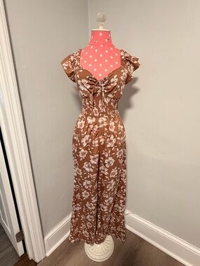 Brown Floral Wide-Leg Jumpsuit with Tie-Front